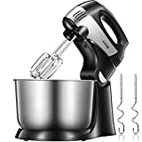 AICOK Batidora Amasadora 2 en 1 Batidora de Varillas con 5 Velocidades y Función Turbo, Incluye 2 Ganchos de Amasado y 2 Batidores, 300 W con Recipiente de 3.5 Litros, Acero Inoxidable