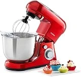 Klarstein Bella Pico 2G - robot de cocina, mezclador de alimentos, 1200 W / 1,6 PS, 6 niveles con efecto pulso, sistema de rotación planetaria, cuenco de 5 litros de capacidad, 3 piezas, rojo