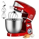 HOMELUX Robot de cocina multifunción de 2000 W, amasadora de 5 litros, incluye juego de 3 piezas y protección contra salpicaduras, 6 velocidades con bol de acero inoxidable, color rojo